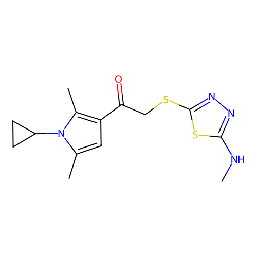 1-(1-cyclopropyl-2,5-dimethylpyrrol-3-yl)-2-[[5-(methylamino)-1,3,4-thiadiazol-2-yl]sulfanyl]ethanone structure