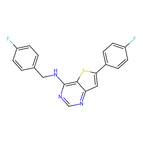 6-(4-fluorophenyl)-N-[(4-fluorophenyl)methyl]thieno[3,2-d]pyrimidin-4-amine structure