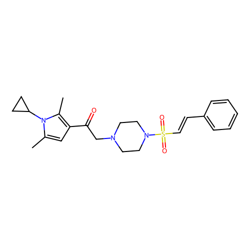 1-(1-cyclopropyl-2,5-dimethyl-1H-pyrrol-3-yl)-2-[4-(2-phenylethenesulfonyl)piperazin-1-yl]ethan-1-one structure