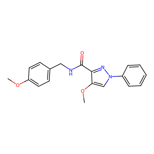 4-methoxy-N-[(4-methoxyphenyl)methyl]-1-phenylpyrazole-3-carboxamide structure