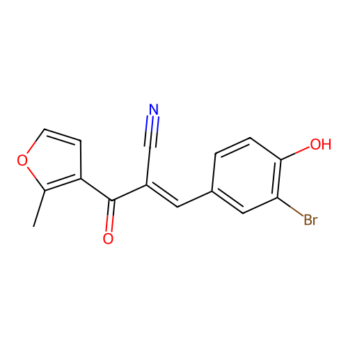 (E)-3-(3-bromo-4-hydroxy-phenyl)-2-(2-methyl-3-furoyl)acrylonitrile structure