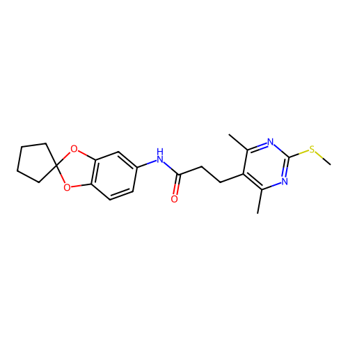 3-[4,6-dimethyl-2-(methylsulfanyl)pyrimidin-5-yl]-N-{spiro[1,3-dioxaindane-2,1'-cyclopentan]-6-yl}propanamide structure
