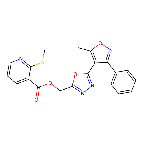 [5-(5-methyl-3-phenyl-1,2-oxazol-4-yl)-1,3,4-oxadiazol-2-yl]methyl 2-(methylsulfanyl)pyridine-3-carboxylate structure