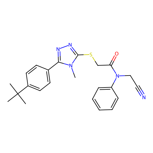 2-[[5-(4-tert-butylphenyl)-4-methyl-1,2,4-triazol-3-yl]sulfanyl]-N-(cyanomethyl)-N-phenylacetamide structure