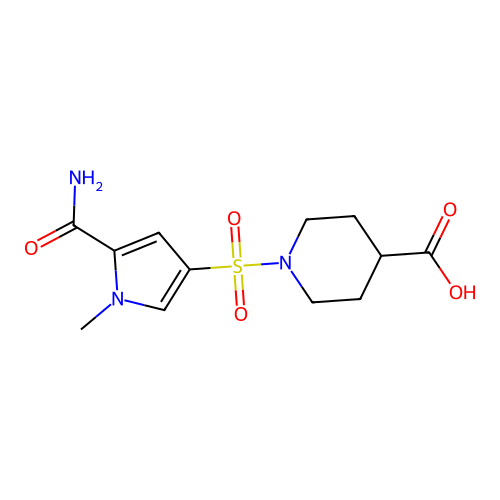 1-[(5-carbamoyl-1-methyl-1H-pyrrol-3-yl)sulfonyl]piperidine-4-carboxylic acid structure