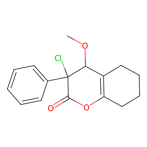 3-chloro-4-methoxy-3-phenyl-5,6,7,8-tetrahydro-4H-chromen-2-one structure
