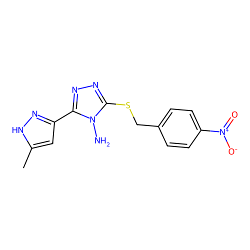 3-(3-methyl-1H-pyrazol-5-yl)-5-((4-nitrobenzyl)thio)-4H-1,2,4-triazol-4-amine structure