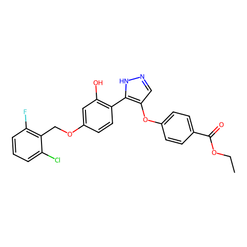 ethyl 4-(3-{4-[(2-chloro-6-fluorophenyl)methoxy]-2-hydroxyphenyl}pyrazol-4-ylo xy)benzoate structure