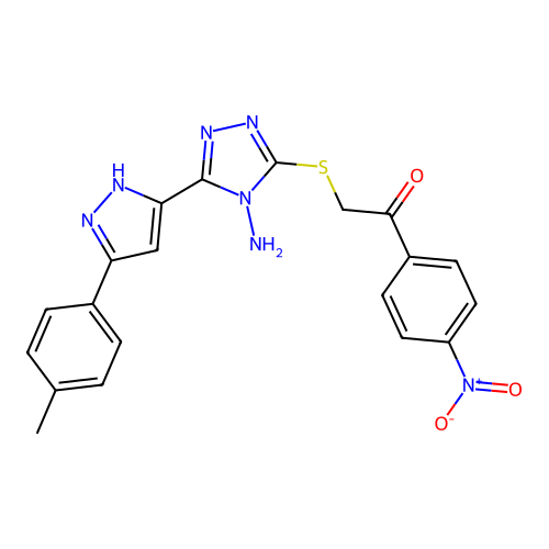 2-((4-amino-5-(3-(p-tolyl)-1H-pyrazol-5-yl)-4H-1,2,4-triazol-3-yl)thio)-1-(4-nitrophenyl)ethanone structure