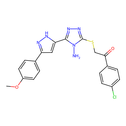 2-((4-amino-5-(3-(4-methoxyphenyl)-1H-pyrazol-5-yl)-4H-1,2,4-triazol-3-yl)thio)-1-(4-chlorophenyl)ethanone structure