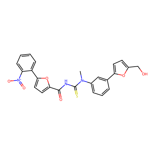 N-((3-(5-(hydroxymethyl)furan-2-yl)phenyl)(methyl)carbamothioyl)-5-(2-nitrophenyl)furan-2-carboxamide structure