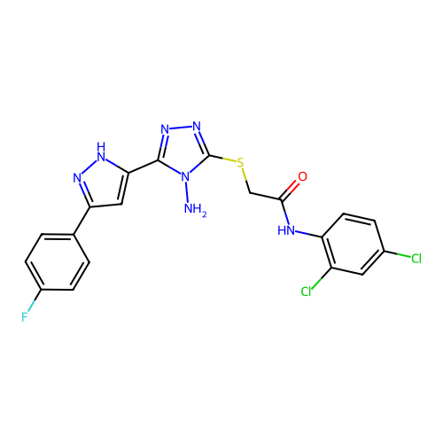 2-((4-amino-5-(3-(4-fluorophenyl)-1H-pyrazol-5-yl)-4H-1,2,4-triazol-3-yl)thio)-N-(2,4-dichlorophenyl)acetamide structure