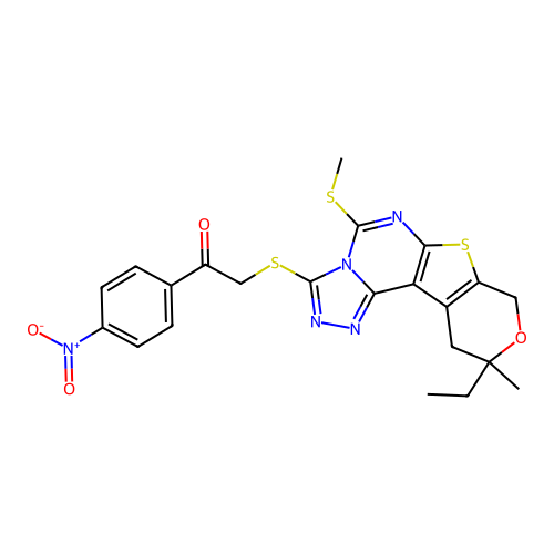 2-((10-ethyl-10-methyl-5-(methylthio)-10,11-dihydro-8H-pyrano[4',3':4,5]thieno[3,2-e][1,2,4]triazolo[4,3-c]pyrimidin-3-yl)thio)-1-(4-nitrophenyl)ethanone structure