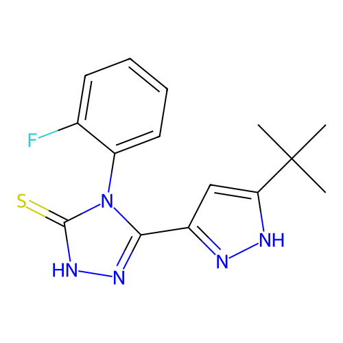 3-(5-tert-butyl-1H-pyrazol-3-yl)-4-(2-fluorophenyl)-1H-1,2,4-triazole-5-thione structure
