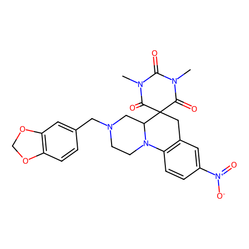 3'-(1,3-benzodioxol-5-ylmethyl)-1,3-dimethyl-8'-nitrospiro[1,3-diazinane-5,5'-2,4,4a,6-tetrahydro-1H-pyrazino[1,2-a]quinoline]-2,4,6-trione structure