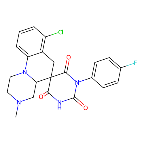 7'-chloro-1-(4-fluorophenyl)-3'-methylspiro[1,3-diazinane-5,5'-2,4,4a,6-tetrahydro-1H-pyrazino[1,2-a]quinoline]-2,4,6-trione structure
