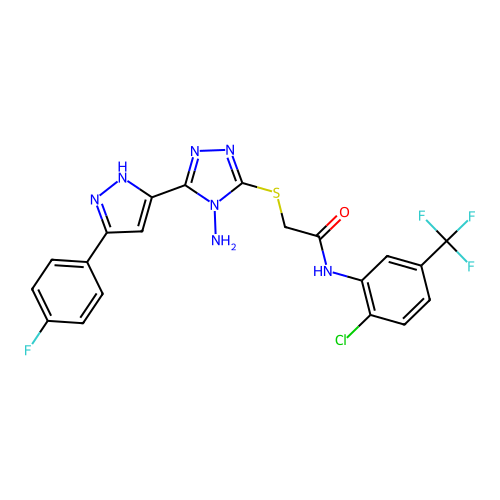 2-((4-amino-5-(3-(4-fluorophenyl)-1H-pyrazol-5-yl)-4H-1,2,4-triazol-3-yl)thio)-N-(2-chloro-5-(trifluoromethyl)phenyl)acetamide structure