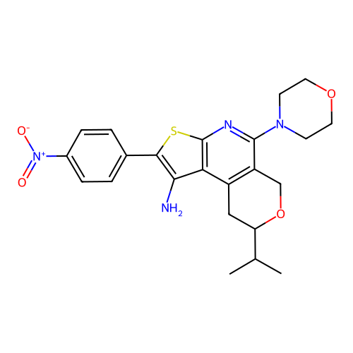 5-(morpholin-4-yl)-2-(4-nitrophenyl)-8-(propan-2-yl)-8,9-dihydro-6H-pyrano[4,3-d]thieno[2,3-b]pyridin-1-amine structure