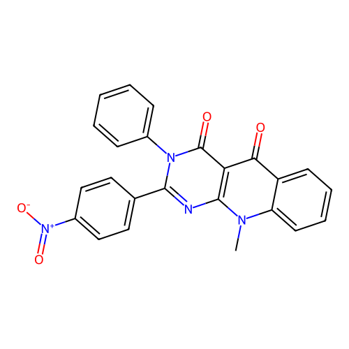 10-methyl-2-(4-nitrophenyl)-3-phenylpyrimido[4,5-b]quinoline-4,5(3H,10H)-dione structure