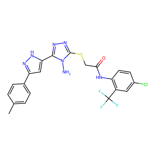 2-((4-amino-5-(3-(p-tolyl)-1H-pyrazol-5-yl)-4H-1,2,4-triazol-3-yl)thio)-N-(4-chloro-2-(trifluoromethyl)phenyl)acetamide structure
