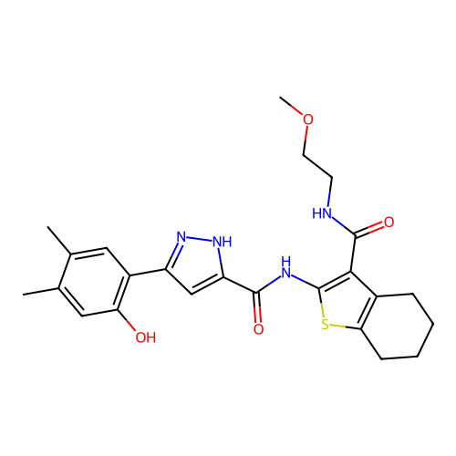 5-(2-hydroxy-4,5-dimethylphenyl)-N-{3-[(2-methoxyethyl)carbamoyl]-4,5,6,7-tetrahydro-1-benzothiophen-2-yl}-1H-pyrazole-3-carboxamide structure