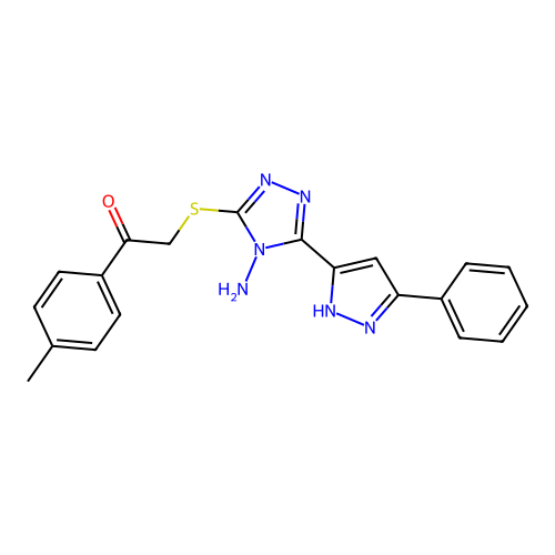2-((4-amino-5-(3-phenyl-1H-pyrazol-5-yl)-4H-1,2,4-triazol-3-yl)thio)-1-(p-tolyl)ethanone structure