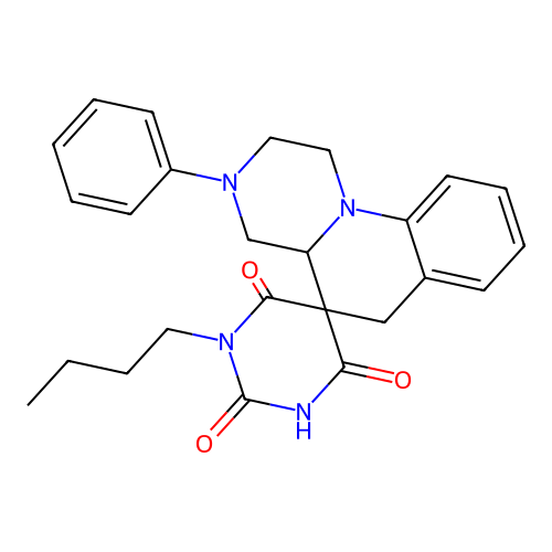 1'-butyl-3-phenyl-1,2,3,4,4a,6-hexahydro-1'H-spiro[pyrazino[1,2-a]quinoline-5,5'-pyrimidine]-2',4',6'(3'H)-trione structure