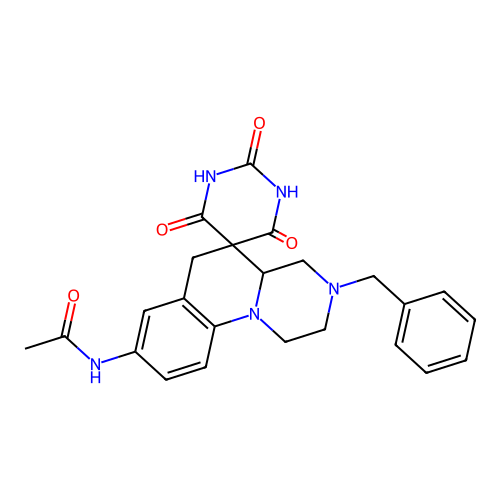 N-(3'-benzyl-2,4,6-trioxospiro[1,3-diazinane-5,5'-2,4,4a,6-tetrahydro-1H-pyrazino[1,2-a]quinoline]-8'-yl)acetamide structure