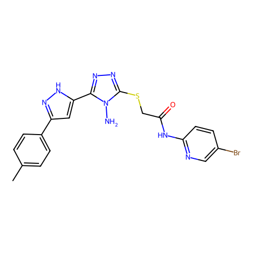 2-((4-amino-5-(3-(p-tolyl)-1H-pyrazol-5-yl)-4H-1,2,4-triazol-3-yl)thio)-N-(5-bromopyridin-2-yl)acetamide structure
