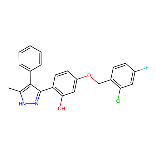 5-[(2-chloro-4-fluorobenzyl)oxy]-2-(3-methyl-4-phenyl-1H-pyrazol-5-yl)phenol structure