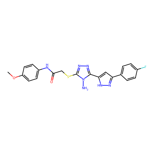 2-((4-amino-5-(3-(4-fluorophenyl)-1H-pyrazol-5-yl)-4H-1,2,4-triazol-3-yl)thio)-N-(4-methoxyphenyl)acetamide structure