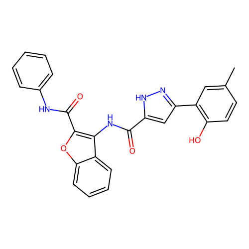 5-(2-hydroxy-5-methylphenyl)-N-[2-(phenylcarbamoyl)-1-benzofuran-3-yl]-1H-pyrazole-3-carboxamide structure