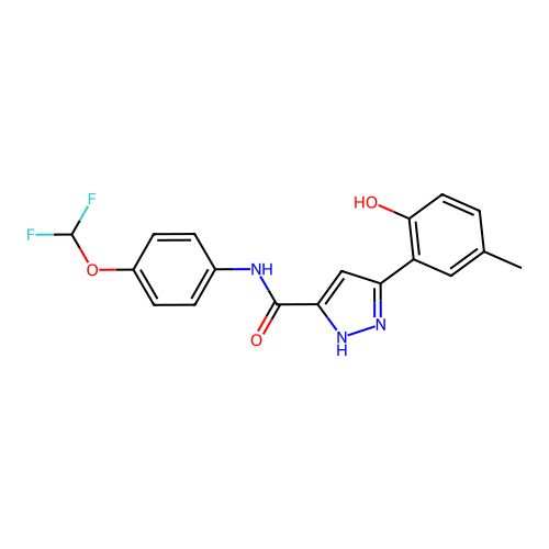 N-[4-(difluoromethoxy)phenyl]-5-(2-hydroxy-5-methylphenyl)-1H-pyrazole-3-carboxamide structure