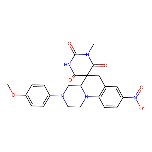 3'-(4-methoxyphenyl)-1-methyl-8'-nitrospiro[1,3-diazinane-5,5'-2,4,4a,6-tetrahydro-1H-pyrazino[1,2-a]quinoline]-2,4,6-trione structure