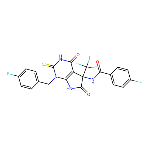 4-fluoro-N-(1-(4-fluorobenzyl)-4,6-dioxo-2-thioxo-5-(trifluoromethyl)-2,3,4,5,6,7-hexahydro-1H-pyrrolo[2,3-d]pyrimidin-5-yl)benzamide structure