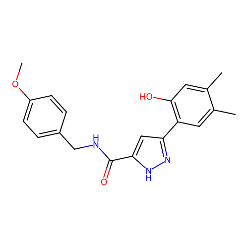 5-(2-hydroxy-4,5-dimethylphenyl)-N-(4-methoxybenzyl)-1H-pyrazole-3-carboxamide structure