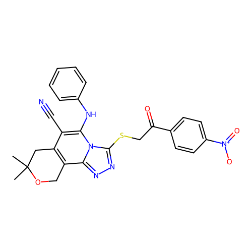 8,8-dimethyl-3-((2-(4-nitrophenyl)-2-oxoethyl)thio)-5-(phenylamino)-8,10-dihydro-7H-pyrano[3,4-c][1,2,4]triazolo[4,3-a]pyridine-6-carbonitrile structure