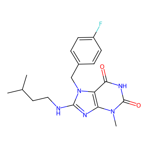 7-[(4-fluorophenyl)methyl]-3-methyl-8-(3-methylbutylamino)purine-2,6-dione structure