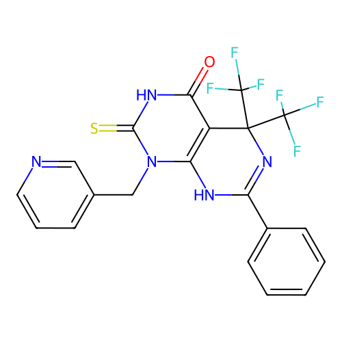 7-phenyl-1-(pyridin-3-ylmethyl)-2-thioxo-5,5-bis(trifluoromethyl)-2,3,5,8-tetrahydropyrimido[4,5-d]pyrimidin-4(1H)-one structure