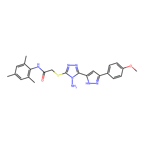 2-((4-amino-5-(3-(4-methoxyphenyl)-1H-pyrazol-5-yl)-4H-1,2,4-triazol-3-yl)thio)-N-mesitylacetamide structure