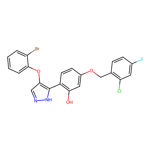 2-[4-(2-bromophenoxy)-1H-pyrazol-3-yl]-5-[(2-chloro-4-fluorobenzyl)oxy]phenol structure