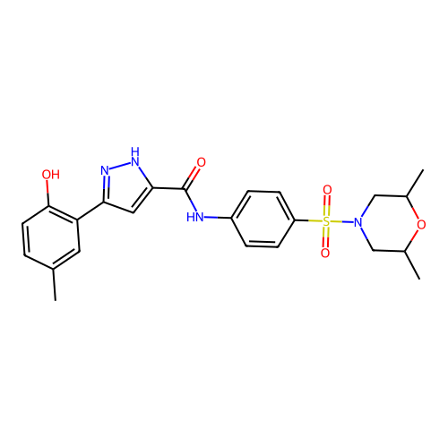 (5E)-N-[4-(2,6-dimethylmorpholin-4-yl)sulfonylphenyl]-5-(3-methyl-6-oxocyclohexa-2,4-dien-1-ylidene)-1,2-dihydropyrazole-3-carboxamide structure