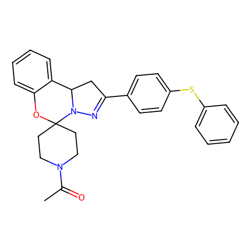 1-(2-(4-(phenylthio)phenyl)-1,10b-dihydrospiro[benzo[e]pyrazolo[1,5-c][1,3]oxazine-5,4'-piperidin]-1'-yl)ethanone structure