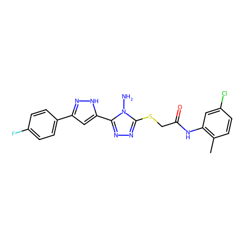 2-((4-amino-5-(3-(4-fluorophenyl)-1H-pyrazol-5-yl)-4H-1,2,4-triazol-3-yl)thio)-N-(5-chloro-2-methylphenyl)acetamide structure