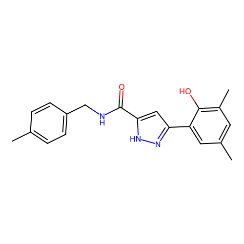5-(2-hydroxy-3,5-dimethylphenyl)-N-(4-methylbenzyl)-1H-pyrazole-3-carboxamide structure