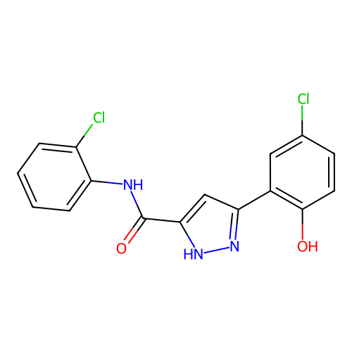 5-(5-chloro-2-hydroxyphenyl)-N-(2-chlorophenyl)-1H-pyrazole-3-carboxamide structure