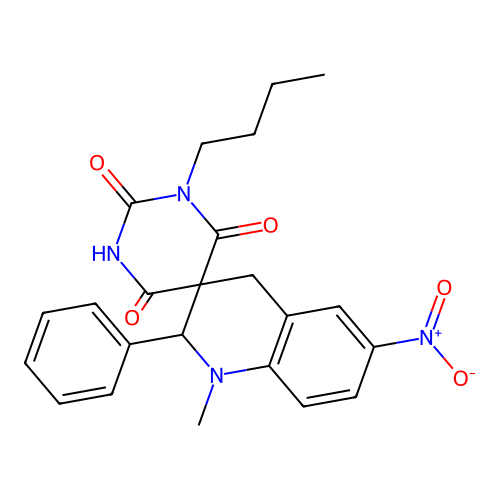 1-butyl-1'-methyl-6'-nitro-2'-phenyl-2',4'-dihydro-1H,1'H-spiro[pyrimidine-5,3'-quinoline]-2,4,6(3H)-trione structure
