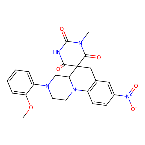 3'-(2-methoxyphenyl)-1-methyl-8'-nitrospiro[1,3-diazinane-5,5'-2,4,4a,6-tetrahydro-1H-pyrazino[1,2-a]quinoline]-2,4,6-trione structure