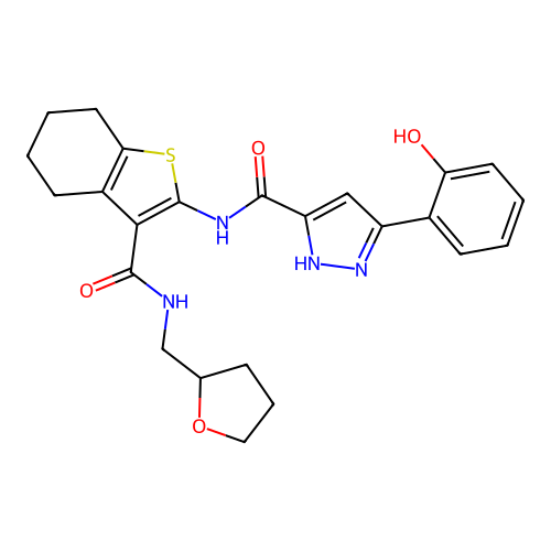 5-(2-hydroxyphenyl)-N-{3-[(tetrahydrofuran-2-ylmethyl)carbamoyl]-4,5,6,7-tetrahydro-1-benzothiophen-2-yl}-1H-pyrazole-3-carboxamide structure