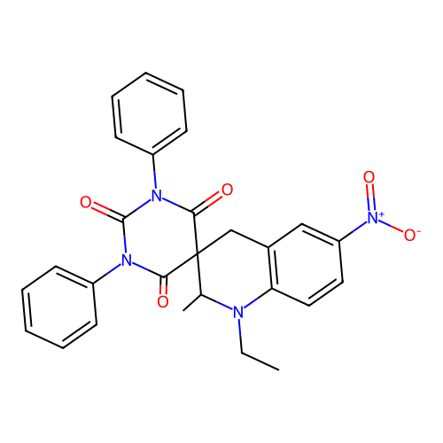 1'-ethyl-2'-methyl-6'-nitro-1,3-diphenyl-1',4'-dihydro-2H,2'H-spiro[pyrimidine-5,3'-quinoline]-2,4,6(1H,3H)-trione structure